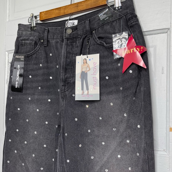 Simply Society Super High Rise Straight Black Gray Gem Polka Dot Jeans - Picture 8 of 12